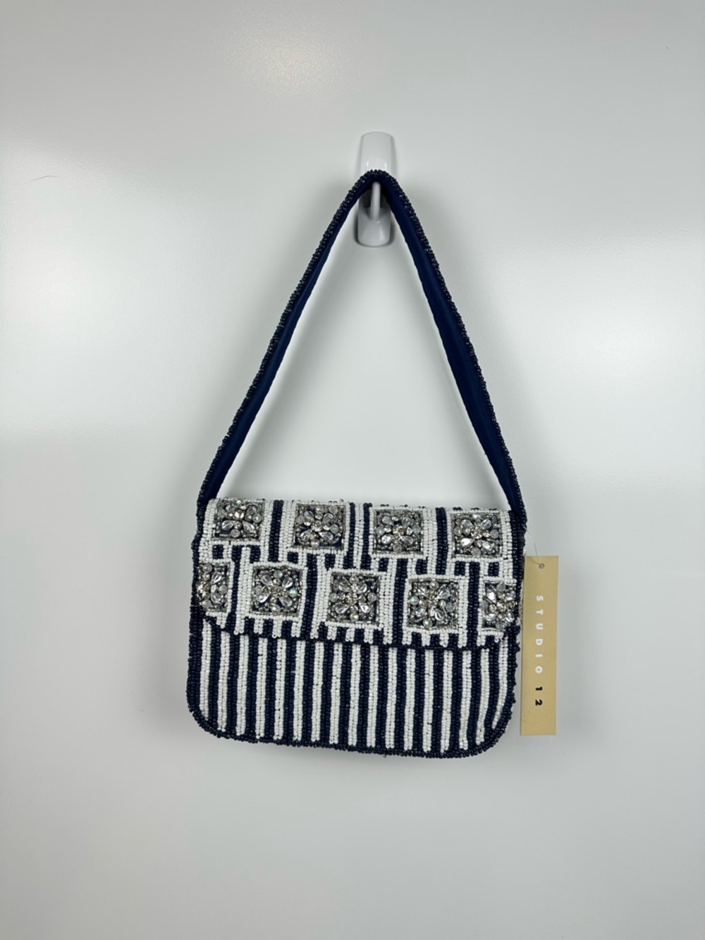 Studio 12 Blue/White Stripped Travel Beaded Bag Purse Handcrafted In India Viral